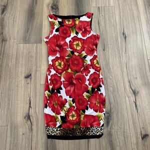 Cache Womens Sleeveless Red Floral Leopard Trim Sheath Dress Size 8 Slinky Knit